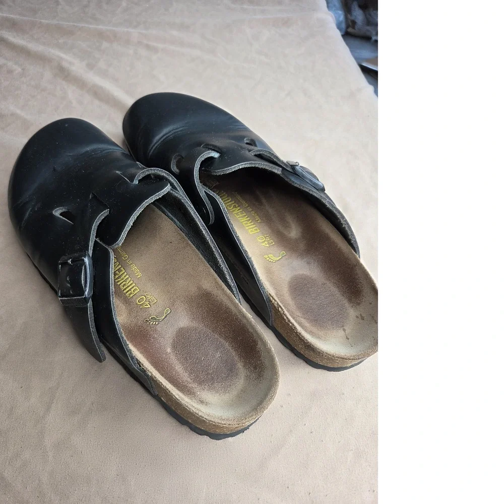 Men's Birkenstock Boston Black Leather Clog Sandals EU 40 Cork